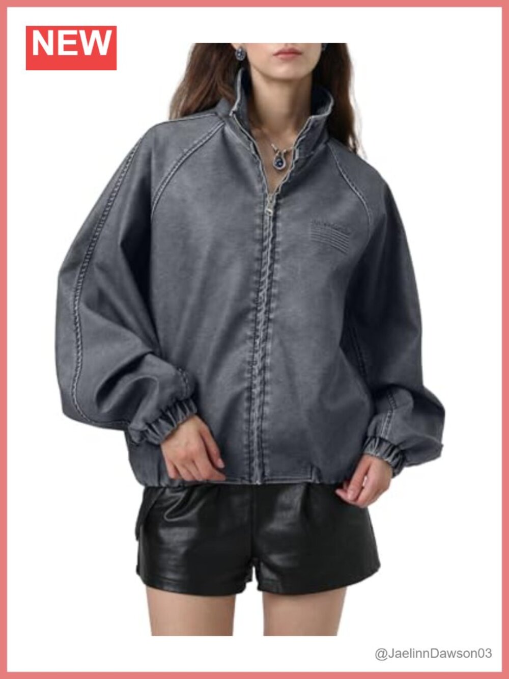 Faux Leather Bomber Jacket Oversized Zip Up Streetwear Fall Coat